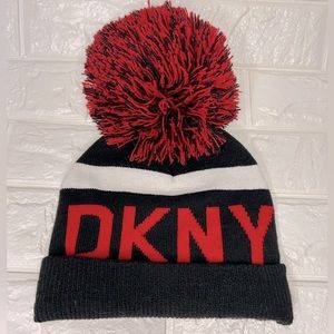 DKNY Beanie Puff Ball Pom Pom Winter Hat